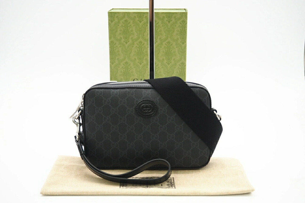 Gucci GG Supreme Interlocking GG Shoulder Bag Black Gray Canvas